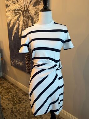 Tanya Taylor White and Navy Striped Twist-Detail Mini Dress